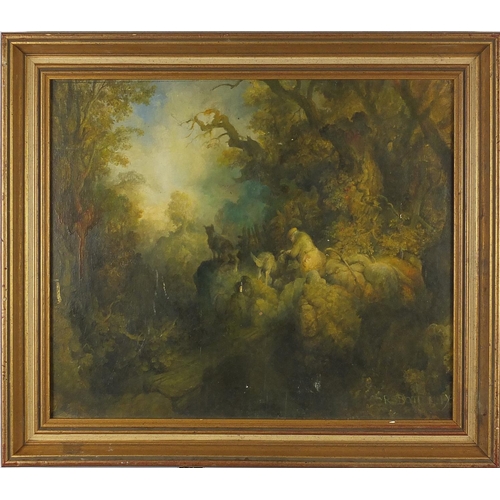 2182 - Figure in woods with two dogs, oil on board, bearing an indistinct signature Bottemle? and label ver... 