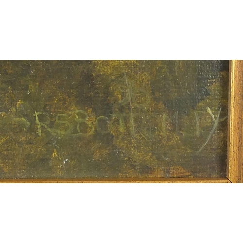 2182 - Figure in woods with two dogs, oil on board, bearing an indistinct signature Bottemle? and label ver... 