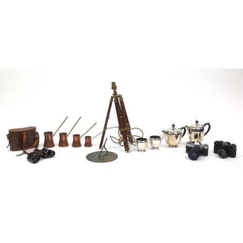 197 - Box of items including silver plated tea service, copper measures, sundial, vintage cameras and a tr... 