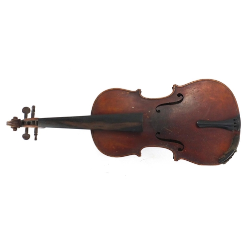 235 - Old wooden violin, bearing a Stradiuarius label