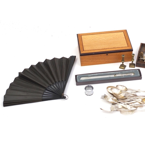 213 - Box of wooden and metalware including silver plated cutlery, brass carriage clock and a jewellery bo... 