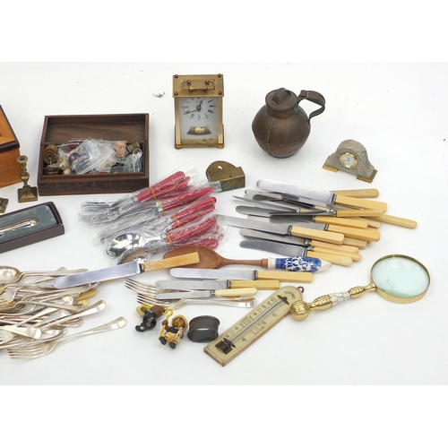 213 - Box of wooden and metalware including silver plated cutlery, brass carriage clock and a jewellery bo... 