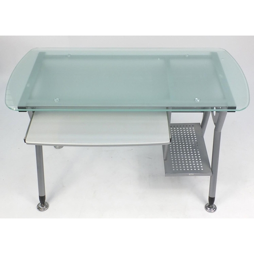 115 - Modern metal computer desk with frosted glass top, 75cm H x 122cm W x 58cm D