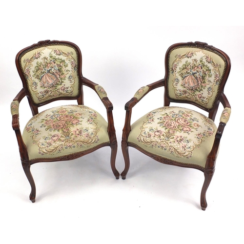 63 - Pair of French elbow chairs with needlepoint upholstered backs and seats