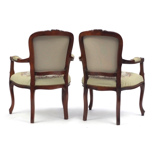 63 - Pair of French elbow chairs with needlepoint upholstered backs and seats