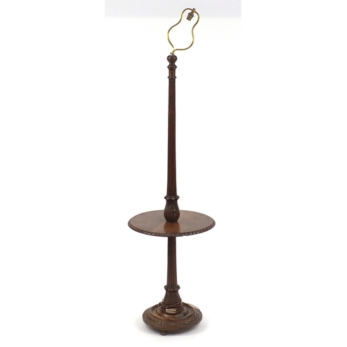 123 - Carved oak standard lamp with tea tray, 152cm high