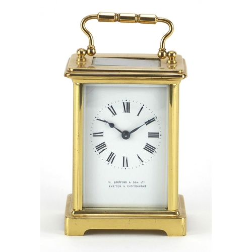 2170 - Brass cased carriage clock with enamelled dial, retailed by W Bruford & Son of Eastbourne, 11cm high... 