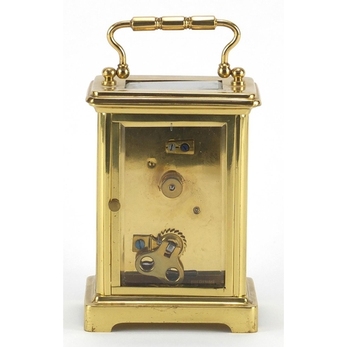 2170 - Brass cased carriage clock with enamelled dial, retailed by W Bruford & Son of Eastbourne, 11cm high... 