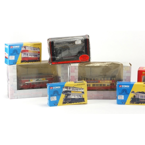 2201 - Die cast vehicles including Corgi Brian Harris flatbed crane trailer and Corgi trams, all boxed