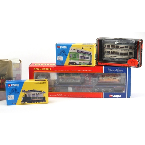 2201 - Die cast vehicles including Corgi Brian Harris flatbed crane trailer and Corgi trams, all boxed