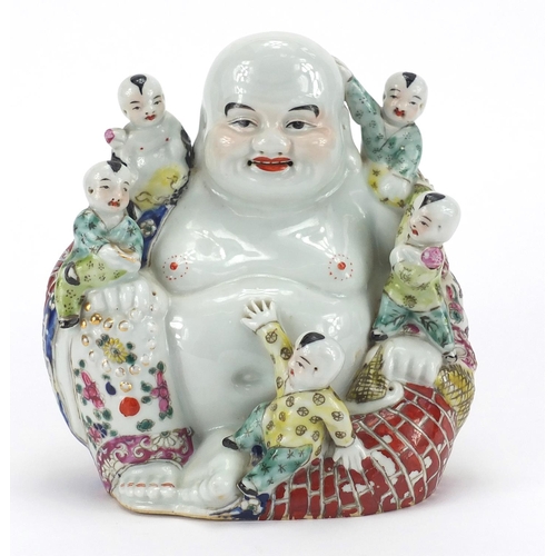 621 - Chinese porcelain figure of Buddha with five children, hand painted in the famille rose palette, imp... 