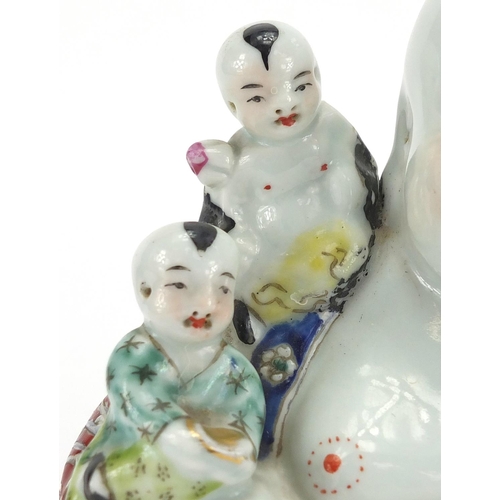 621 - Chinese porcelain figure of Buddha with five children, hand painted in the famille rose palette, imp... 