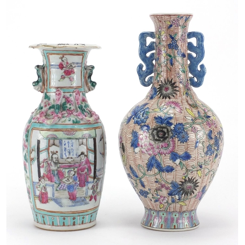 644 - Two Chinese porcelain vases including a Canton example hand painted with mandarins, the largest 31cm... 