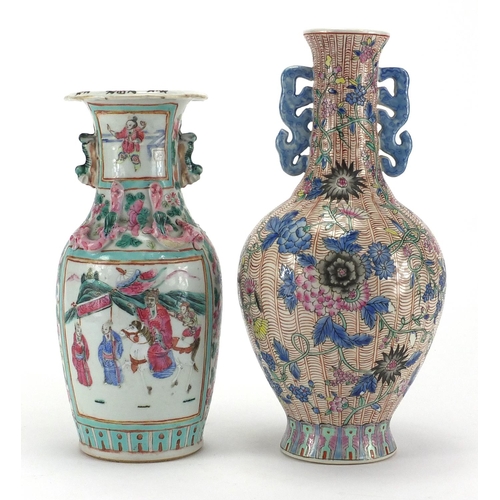 644 - Two Chinese porcelain vases including a Canton example hand painted with mandarins, the largest 31cm... 