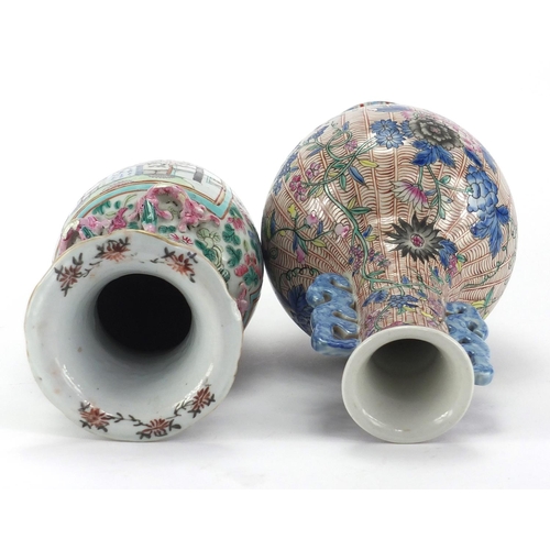 644 - Two Chinese porcelain vases including a Canton example hand painted with mandarins, the largest 31cm... 