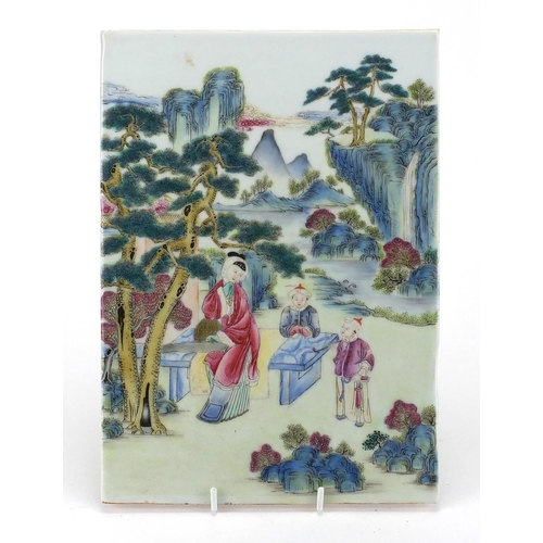 608 - Rectangular Chinese porcelain panel, finely hand painted in the famille rose palette with a seated f... 