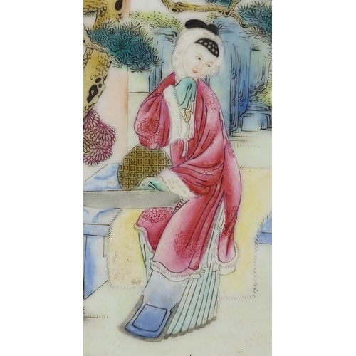 608 - Rectangular Chinese porcelain panel, finely hand painted in the famille rose palette with a seated f... 