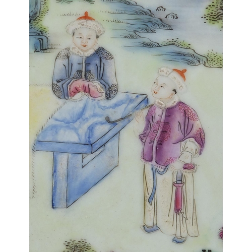 608 - Rectangular Chinese porcelain panel, finely hand painted in the famille rose palette with a seated f... 