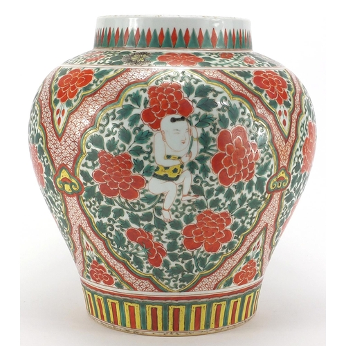 614 - Large Chinese porcelain baluster jar, hand painted in the famille verte palette with panels of figur... 