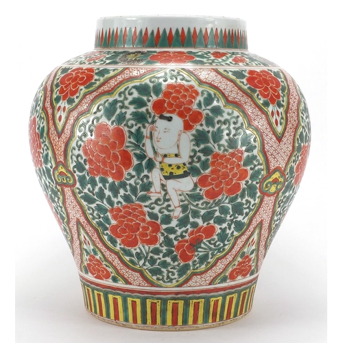 614 - Large Chinese porcelain baluster jar, hand painted in the famille verte palette with panels of figur... 