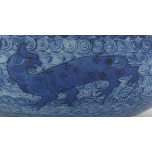 595 - Chinese blue and white porcelain vase, hand painted with mythical animals, blue ring marks to the ba... 