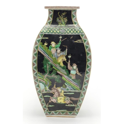 622 - Chinese porcelain flat sided vase, hand painted in the famille noire palette with figures and object... 