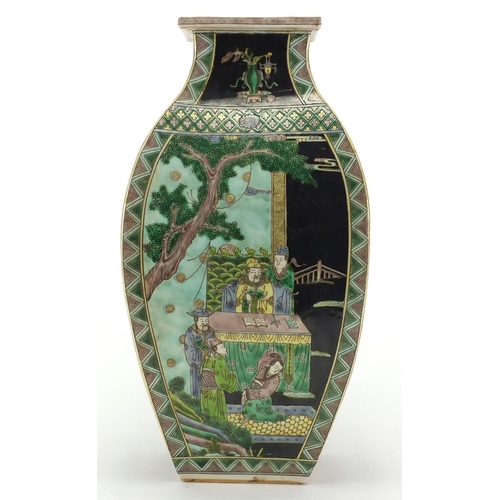 622 - Chinese porcelain flat sided vase, hand painted in the famille noire palette with figures and object... 