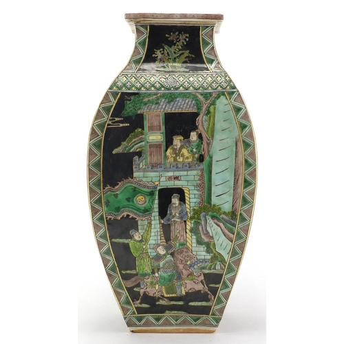 622 - Chinese porcelain flat sided vase, hand painted in the famille noire palette with figures and object... 