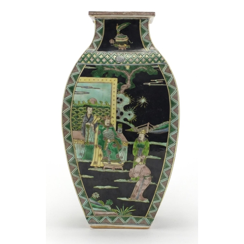 622 - Chinese porcelain flat sided vase, hand painted in the famille noire palette with figures and object... 