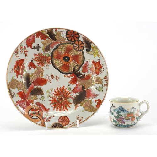 641 - Chinese porcelain plate together with a famille rose tea cup, finely hand painted with a mountain la... 