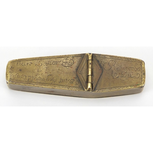 31 - 19th century brass snuff box in the form of a coffin, with engraved inscriptions and skeleton, 10cm ... 