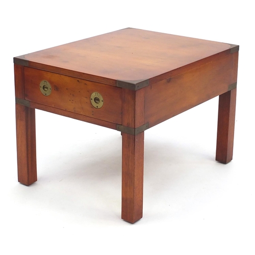 62 - Yew military campaign style coffee table fitted with a drawer, 41cm H x 45cm W x 59cm D
