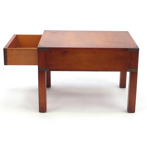 62 - Yew military campaign style coffee table fitted with a drawer, 41cm H x 45cm W x 59cm D