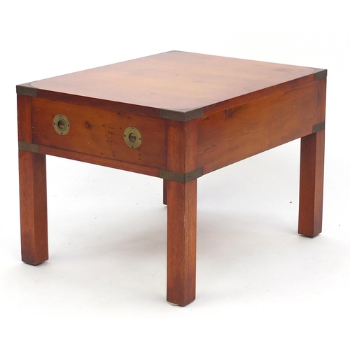 62 - Yew military campaign style coffee table fitted with a drawer, 41cm H x 45cm W x 59cm D