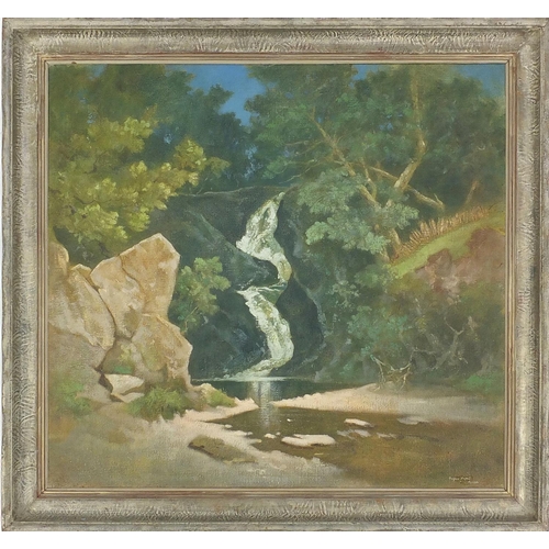 70 - Angus Brent - Oil on canvas, waterfall amongst trees, framed, 70cm x 66cm