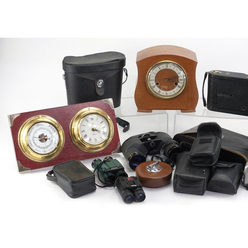 212 - Box of cameras, binoculars and mantel clocks etc