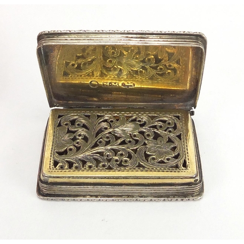 53 - Georgian silver castle top vinaigrette by Nathaniel Mills, with gilt interior and floral chased gril... 