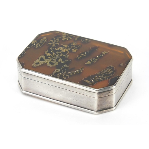 23 - 18th century rectangular silver, tortoiseshell and gold pique work snuff box, decorated with floral ... 