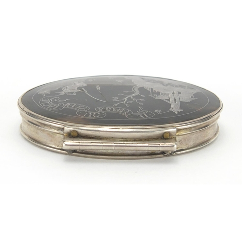 19 - 18th century oval silver and tortoiseshell snuff box, the hinged pique work lid decorated with a che... 
