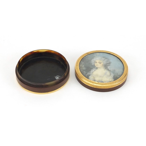 6 - 18th century circular lacquer portrait snuff box with unmarked gold mounts and tortoiseshell lining,... 