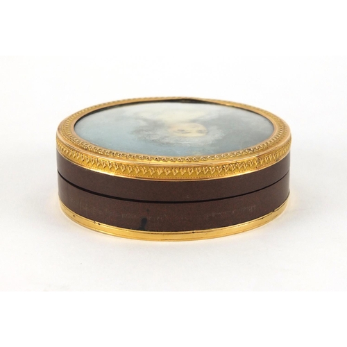 6 - 18th century circular lacquer portrait snuff box with unmarked gold mounts and tortoiseshell lining,... 