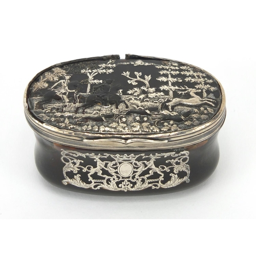16 - 18th century oval tortoiseshell and silver pique work snuff box, decorated with two figures on horse... 