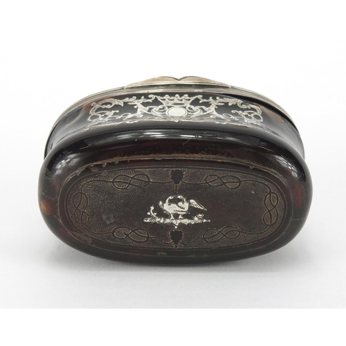 16 - 18th century oval tortoiseshell and silver pique work snuff box, decorated with two figures on horse... 