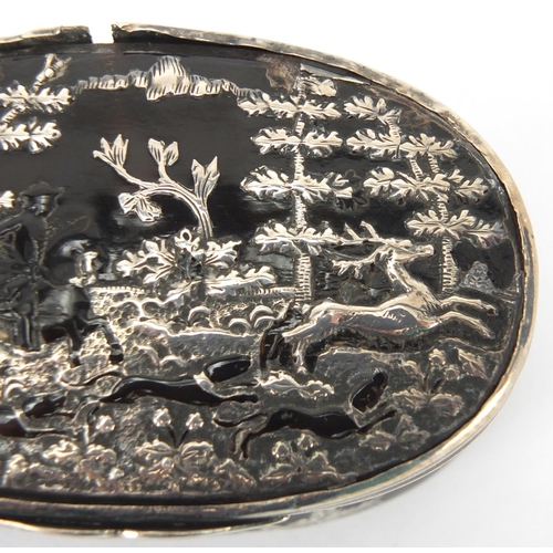 16 - 18th century oval tortoiseshell and silver pique work snuff box, decorated with two figures on horse... 