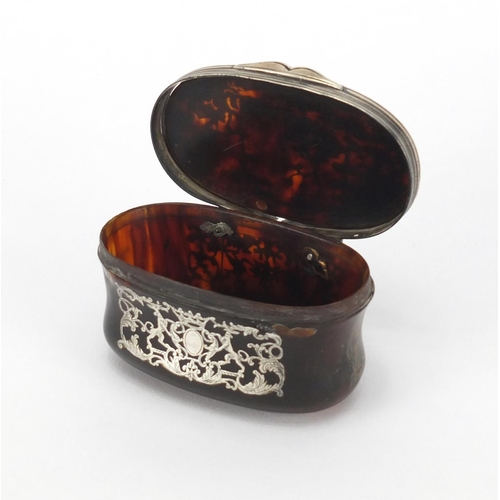 16 - 18th century oval tortoiseshell and silver pique work snuff box, decorated with two figures on horse... 