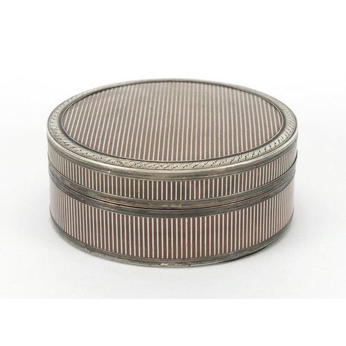 12 - 18th century French circular Vernis Martin snuff box with unmarked silver mounts and red tortoiseshe... 