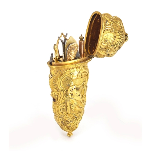 3 - 18th century Rococo gilt metal repoussé etui decorated with nude maidens within C scrolls, the fitte... 