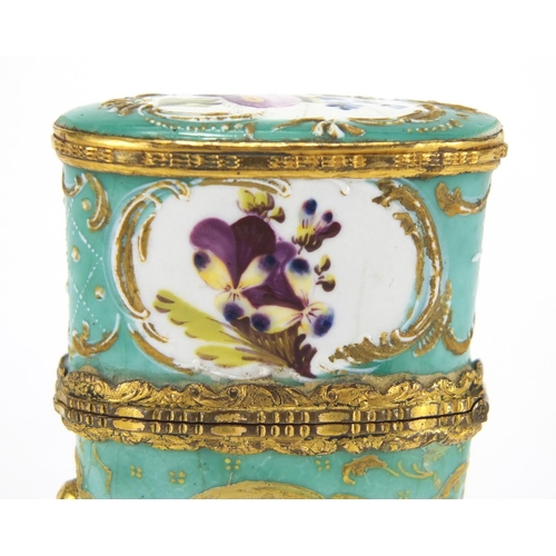 2 - 18th century Staffordshire enamel etui with gilt mounts, the tapering enamelled body hand painted wi... 