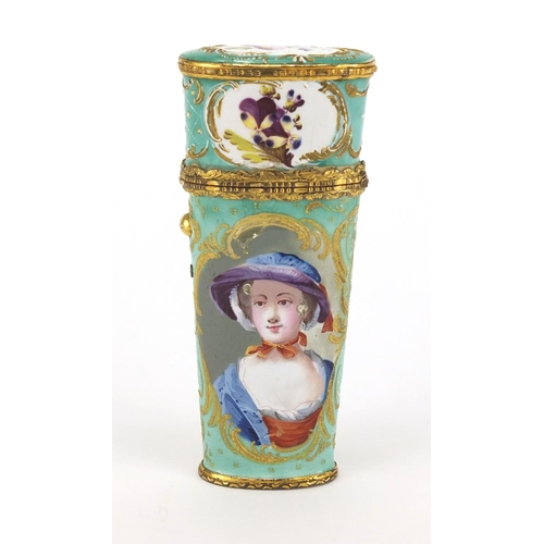 2 - 18th century Staffordshire enamel etui with gilt mounts, the tapering enamelled body hand painted wi... 