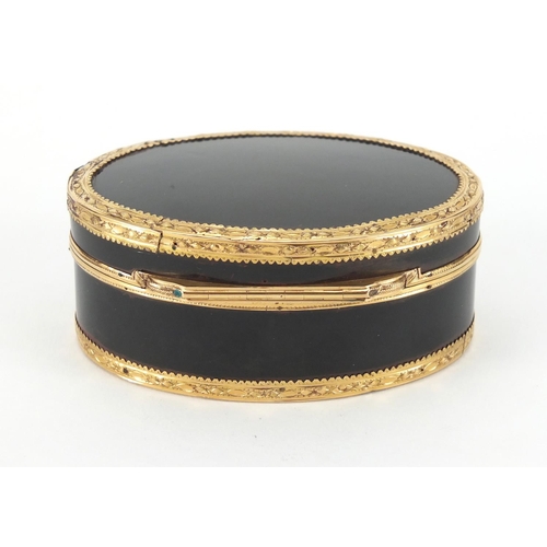 13 - 18th century French oval tortoiseshell snuff box with gold mounts, indistinct marks to the inside ri... 